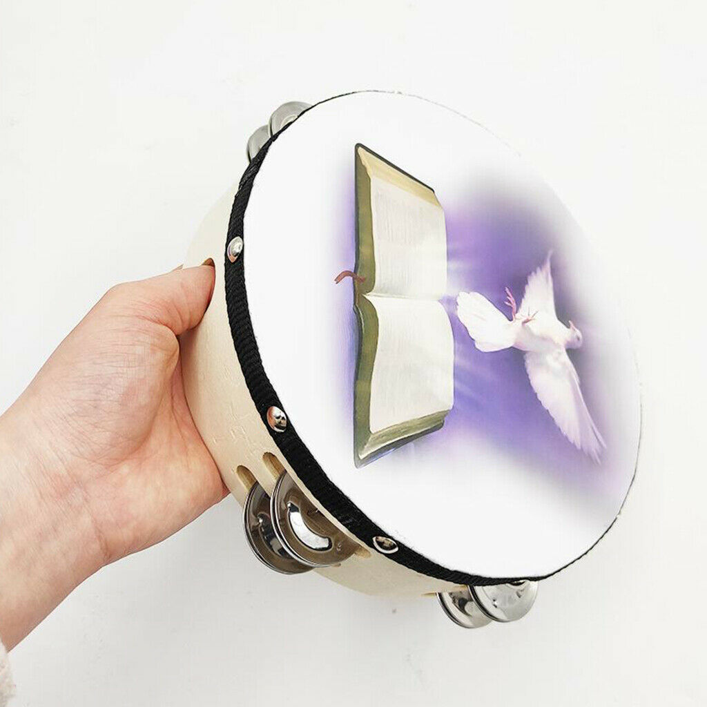 8 inch Handheld Headed Tambourine, Double Jingle Bell Row, Natural Head,
