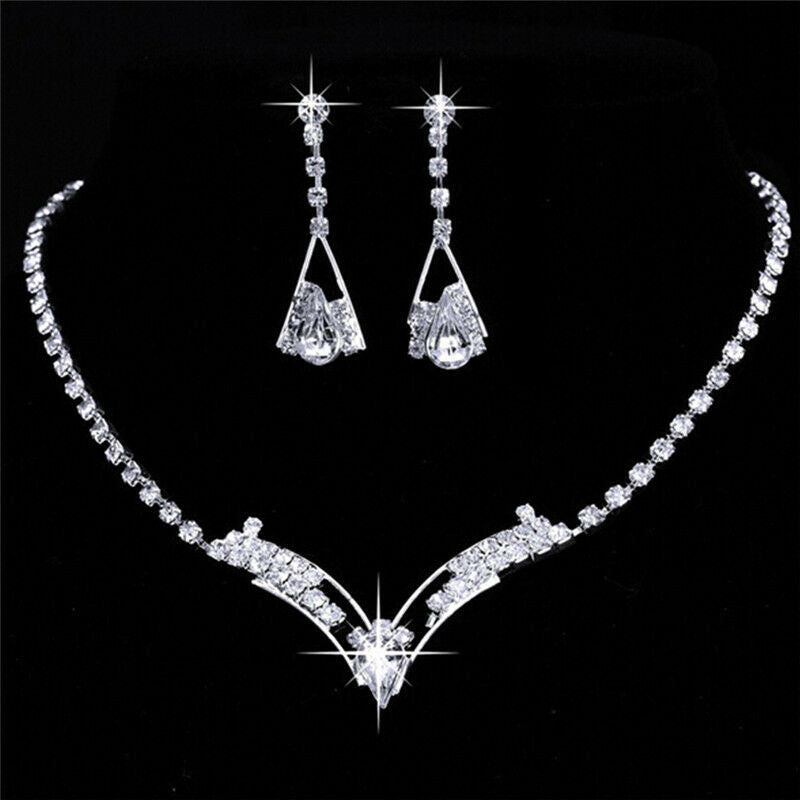Women's Sparkling V Shaped Rhinestone Crystal Necklace Earring Jewelry Se.l8