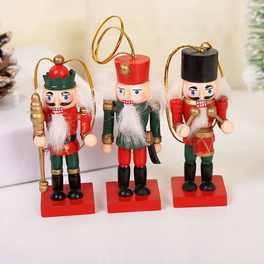 3Pcs 10cm Height Wooden Nutcracker Soldier Ornaments Kit Xmas Hanging Decor