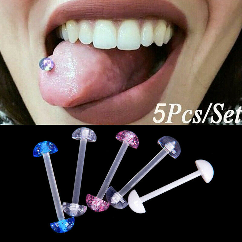 5Pcs/Set Mixed Acrylic Ball Barbell Soft Bar Tongue Ring Studs Body Pierc.l8