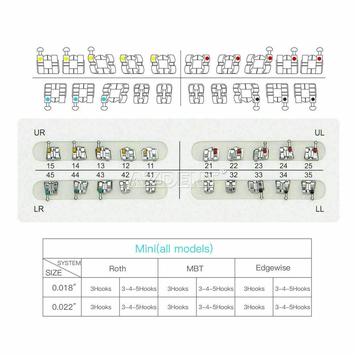 50 X Dental Orthodontics Brackets Braces Mini MBT Slot.018 Hooks 3-4-5 AZDENT