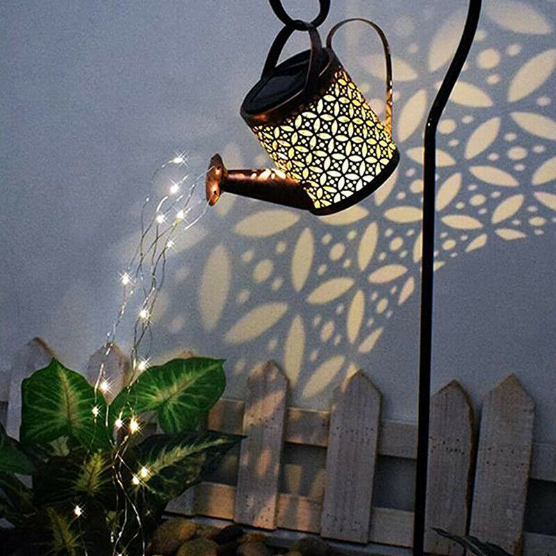 Iron Hollow Out Lamp Metal Solar Powered Watering Can Sprinkles Fairy Li KX