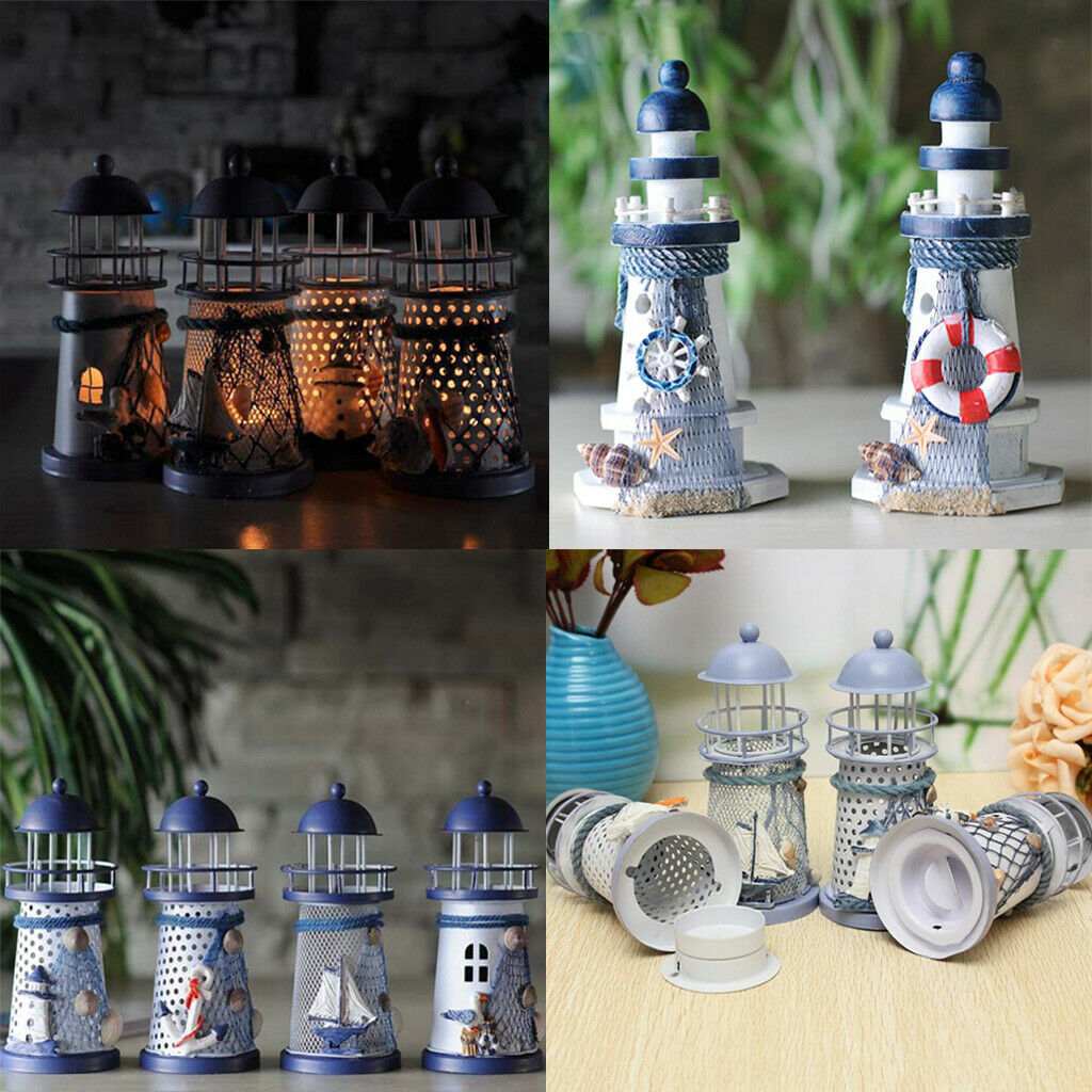 Mediterranean Lighthouse Iron Candle Light Sailing Blue White Table Decor