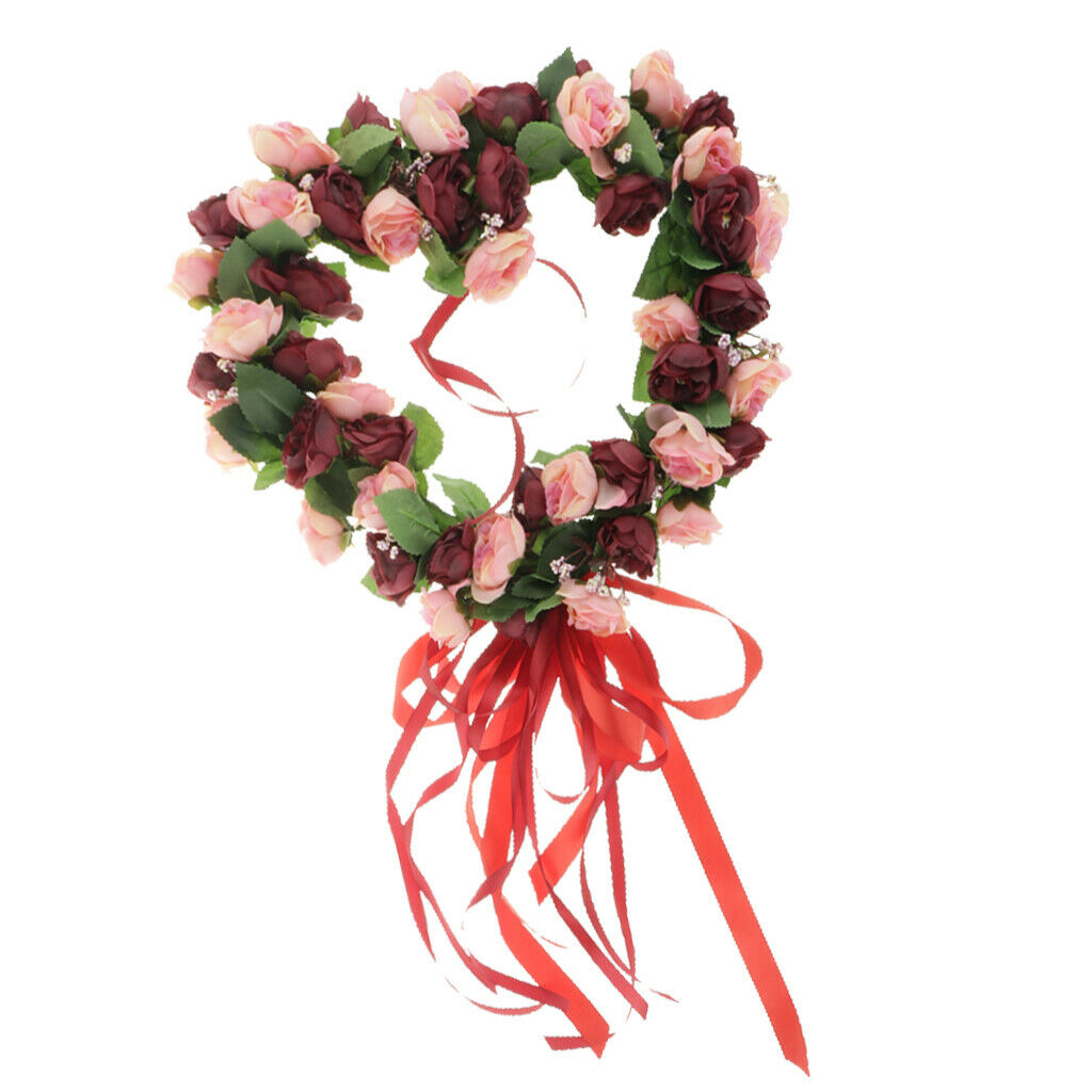 Artificial Rose Wreath Heart Shaped Wreath with Red Silk Ribbon, Wine Red Rose