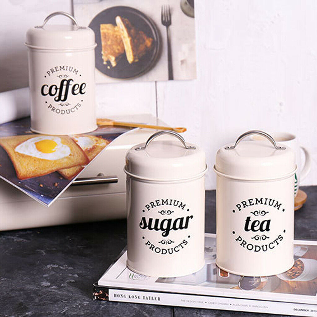3x Retro Tea Coffee Sugar Canister Kitchen Storage Jar Pot Tin Iron w/ Lid
