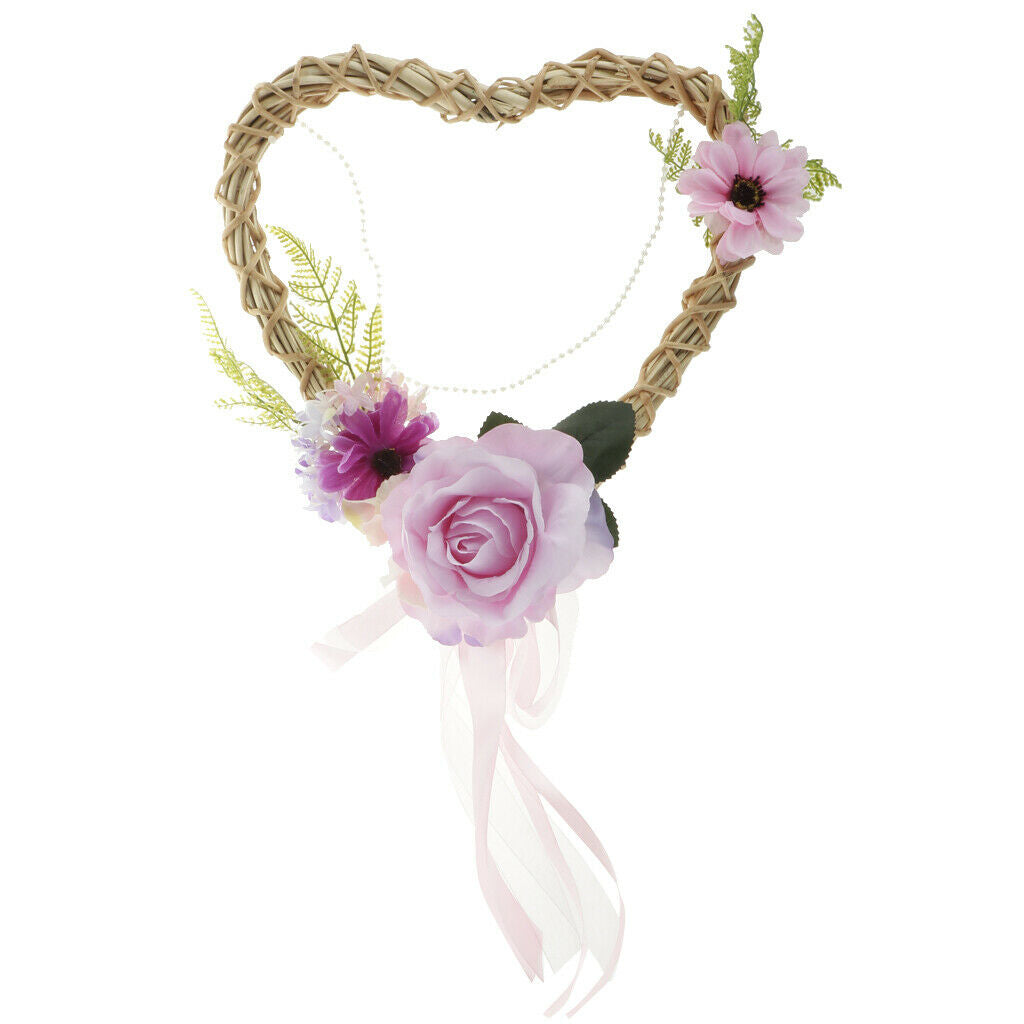 Shabby Chic Rattan Heart Silk Flower Blossom Wreath Door Wall Hanging Home