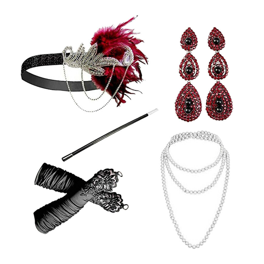 5pcs/Set Womens 1920s Feather Headband Necklace Gloves Party Fancy Costume