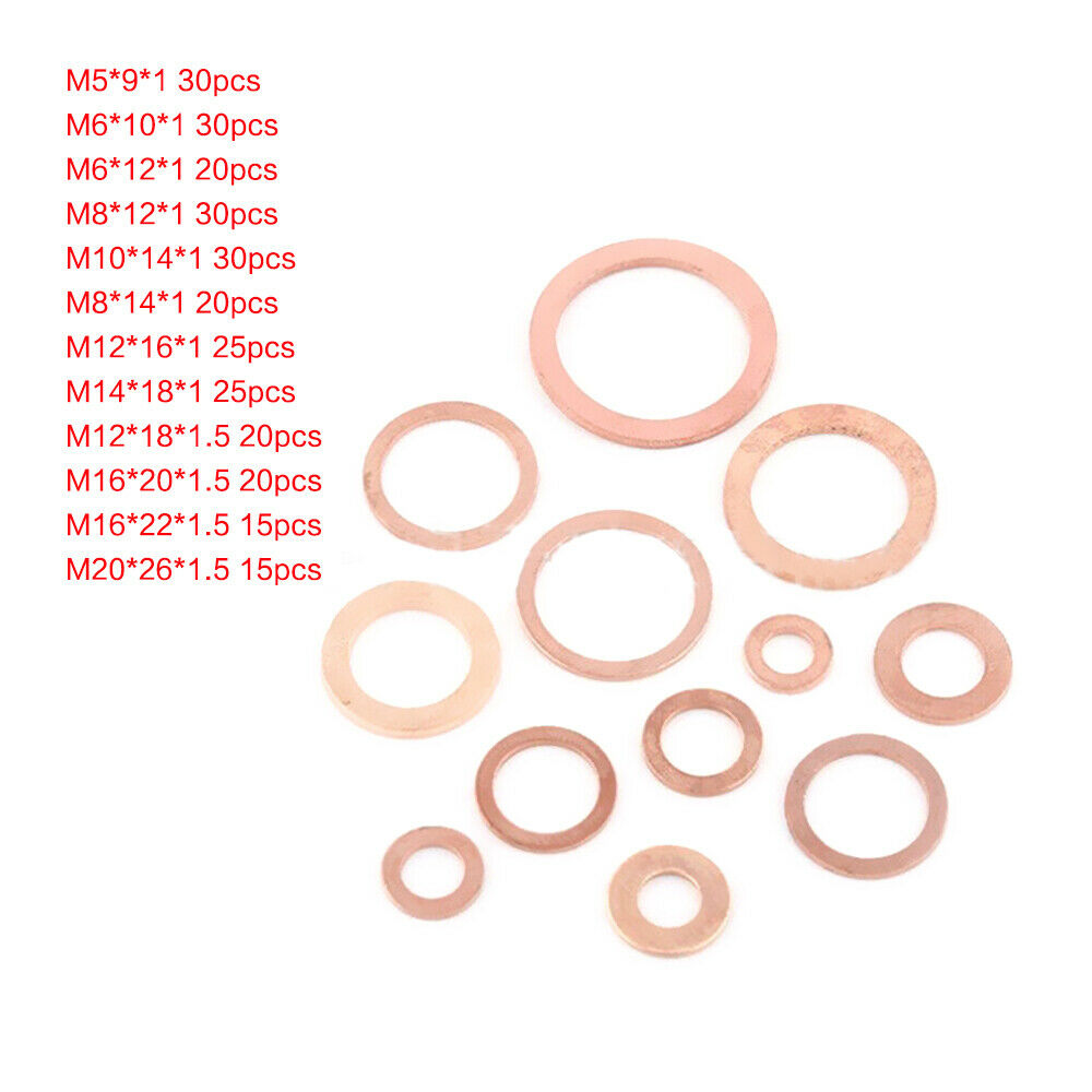 280PCS M5-M20 O-ring Copper Gasket Flat Washer Oil Blocking Tool Hardware Kit
