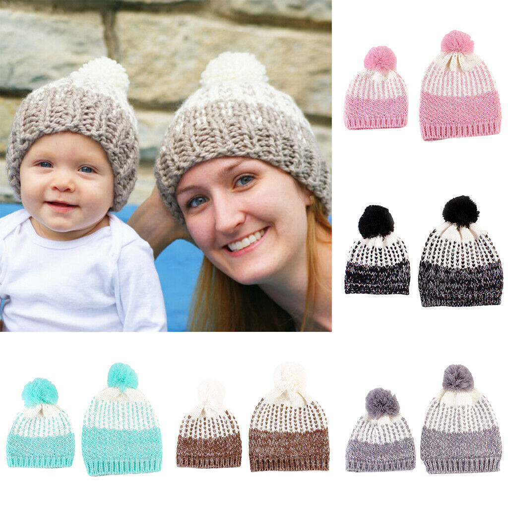 Winter Stylish Warm Novelty Mom Baby Knitted Pom Bobble Hat   Gray