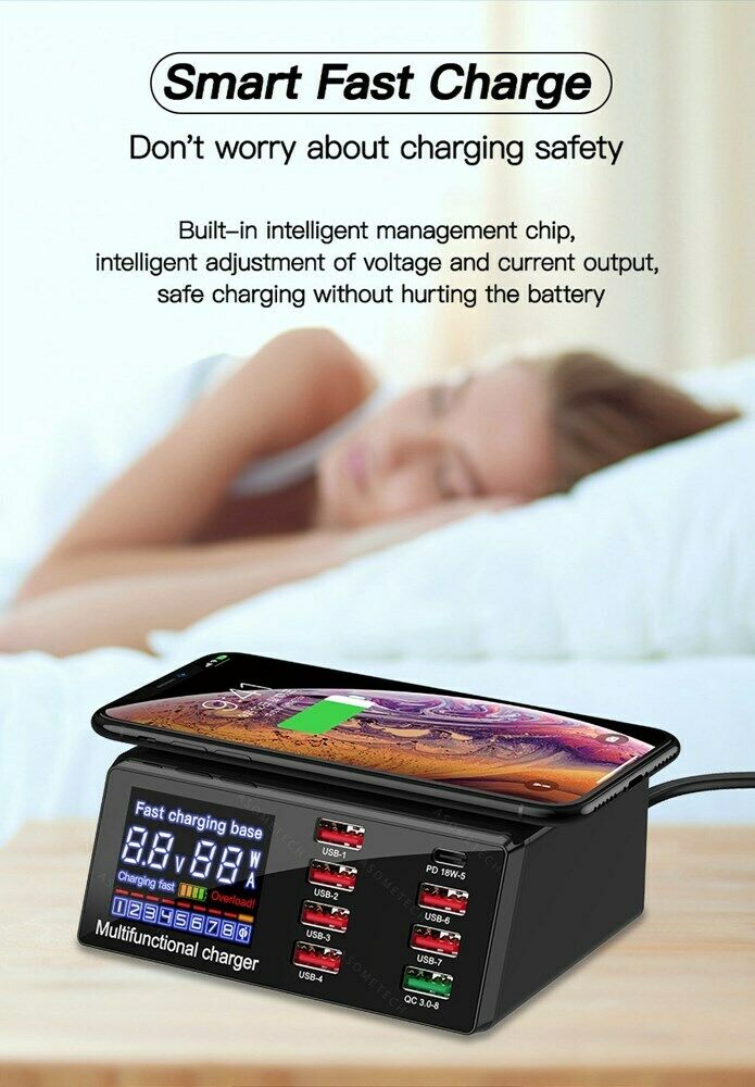 100W PD Fast Charger 8 Ports USB Charger QC 3.0 Adapter HUB Wireless Charger CA