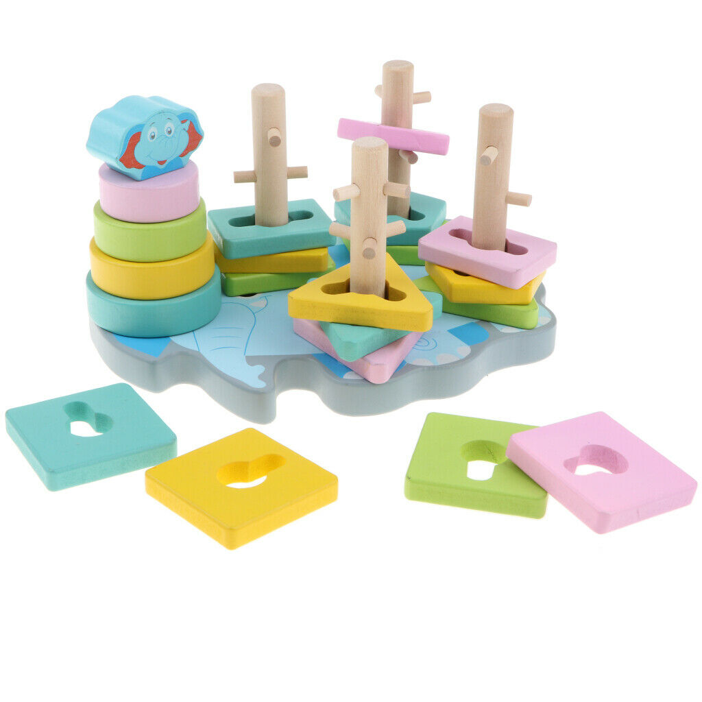 Wooden Cartoon Elephant Base Geometric Shape and Color Matching Blocks for Kids