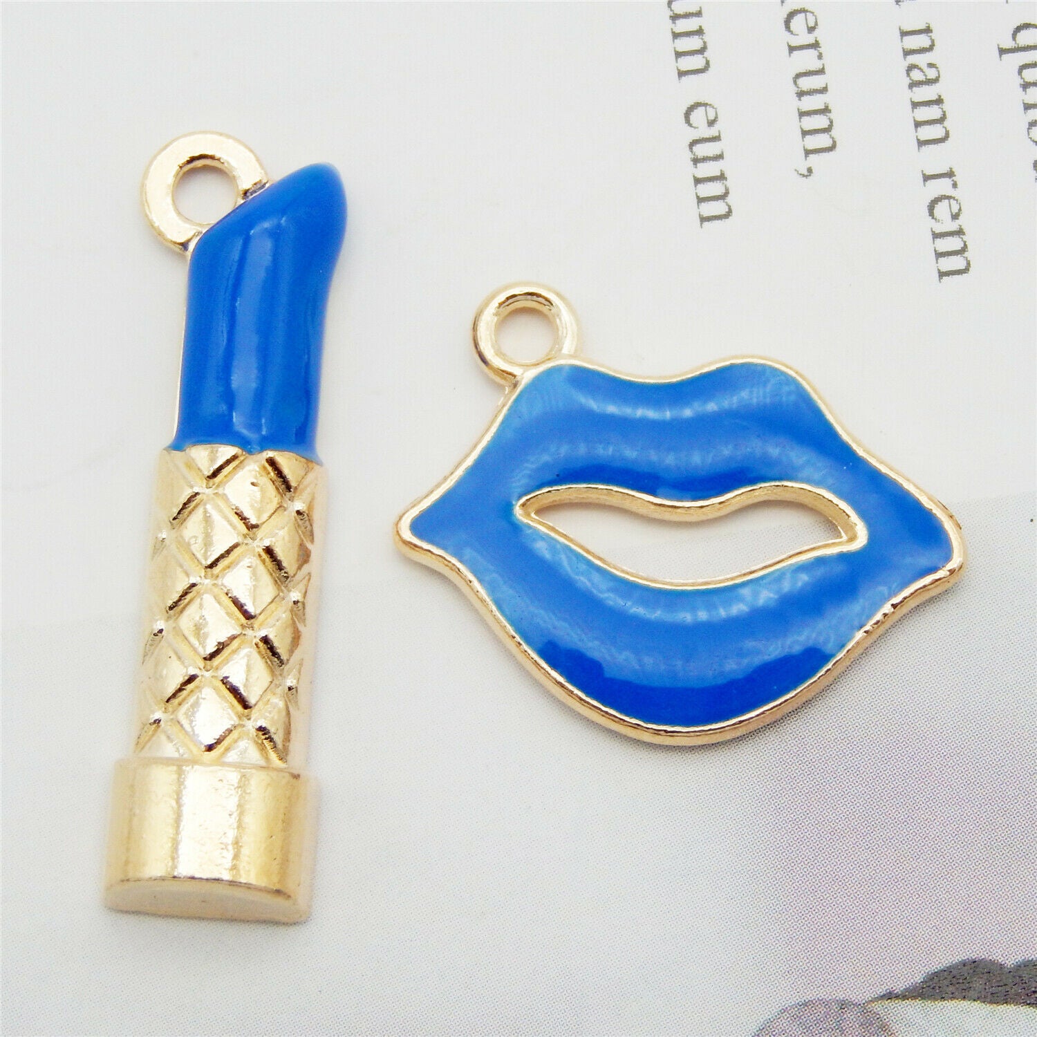 16-pack Assorted Blue Enamel Lip and Lipstick Charm Alloy Pendant Earring Dangle