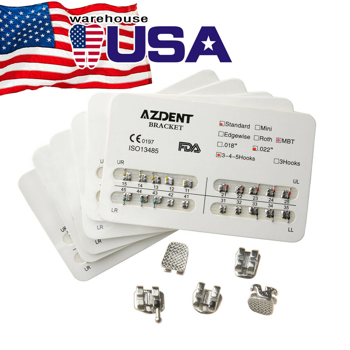 50XDental Ortho Brackets Standard MBT Slot 022 3 4 5 Hooks AZDENT USA