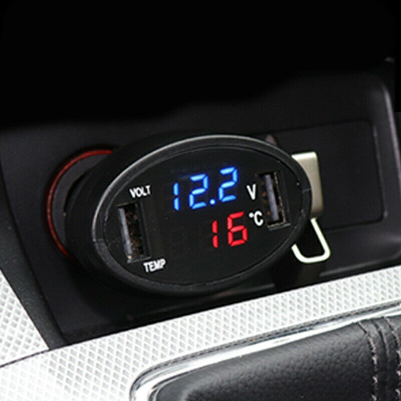 12V/24V 3 in 1 Dual USB Car Phone Charger Adapter LED Display Fast Charging