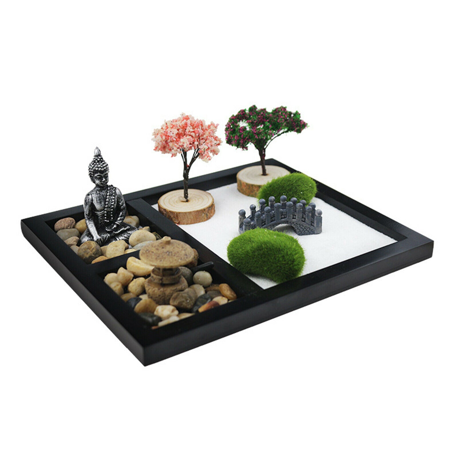 Mini Zen Garden 3 Grids Sand Tray Buddha Statues Desk Gifts Stress Relief