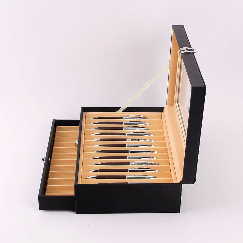24 Slots 2 Layer Wood Leather Fountain Pen Display Case Storage Box Black