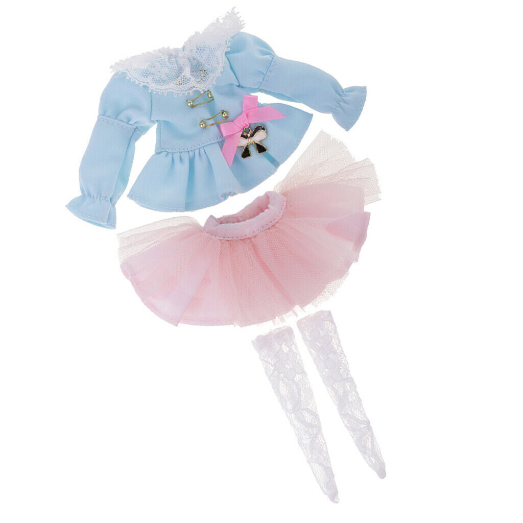 Blue Puff Sleeve Top Clothes Light Pink Skirt Stockings Socks Set for Blythe