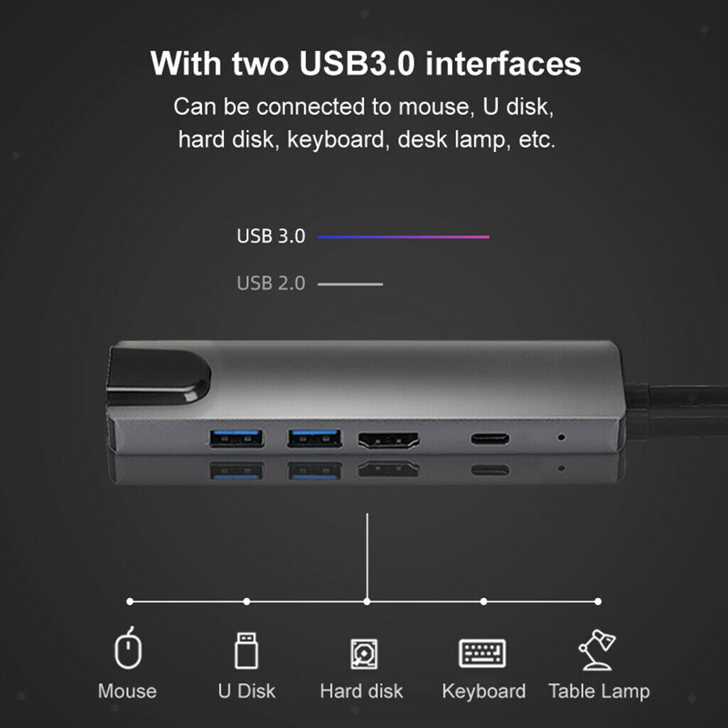 5-in-1 USB-C Type C to 4K   2x USB 3.0 PD HUB Ethernet Rj45 Lan Adapter