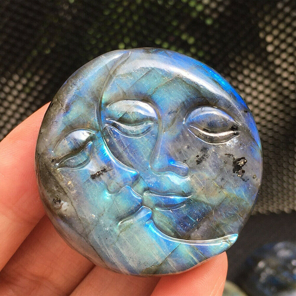 Natural Moon Sun Kiss Face Labradorite Crystal Carved Rainbow Healing Decoration