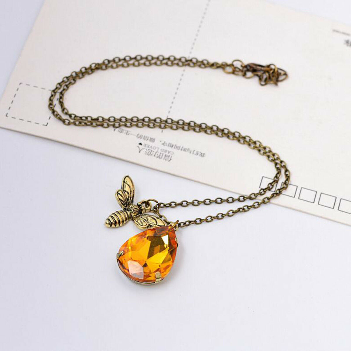 Sweet Bee And Honey Drop Necklace Brass Chain Bee Crystal Pendant Necklace Gift