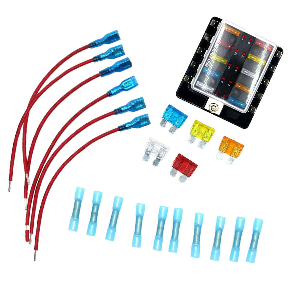 10 Way Universal Car Truck Boat Blade Fuse Box Holder Block w/ LED Indicator