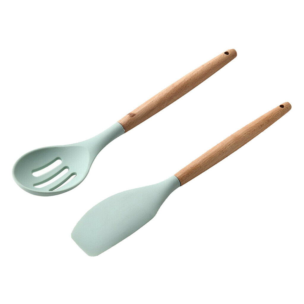 2x Non Stick Spatula Spoon / Wooden Handle Durable Food Tong Set for Baking