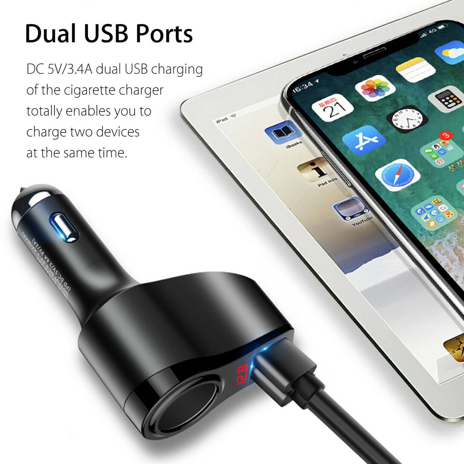 Dual USB Car LCD  Lighter Socket Splitter Charger Power Adapter DC/12V