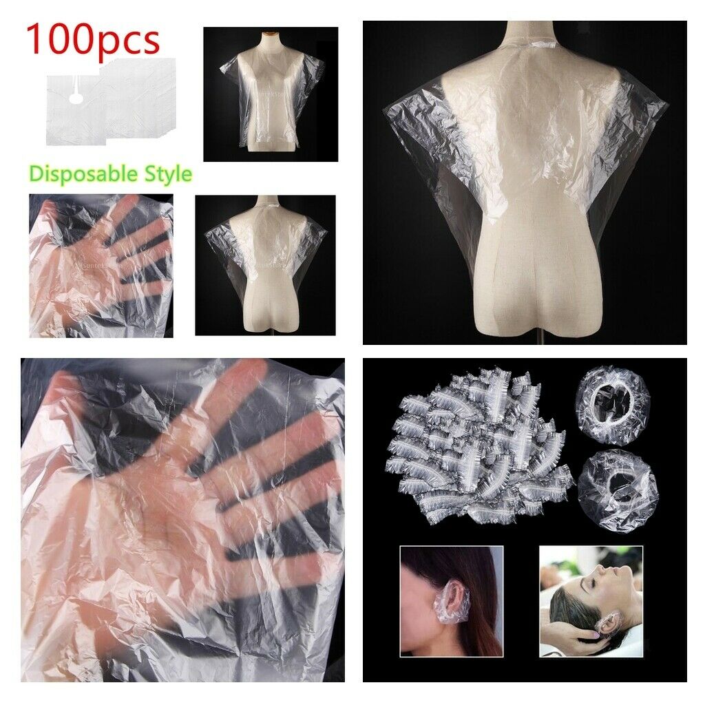 100Pcs Disposable Hair Cutting Salon Gowns Protect Capes Apron + Ear Covers
