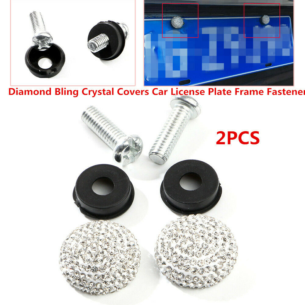 2X Diamond Crystal Covers Car Front Screw Bolt Caps License Plate Frame Fastener