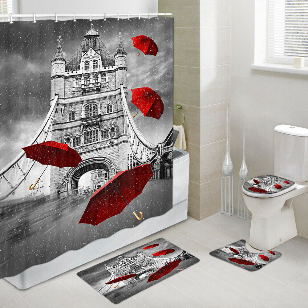 Tower Bridge Red Black Art Shower Curtain Set Bathroom Toilet Pad Cover Bath Mat