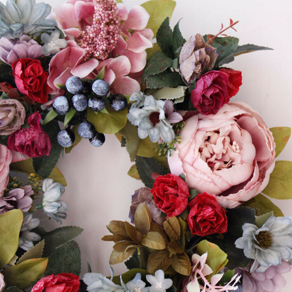 Artificial Peony Flower Summer Wreath Green Leaves Front Door Indoor Wall Decor