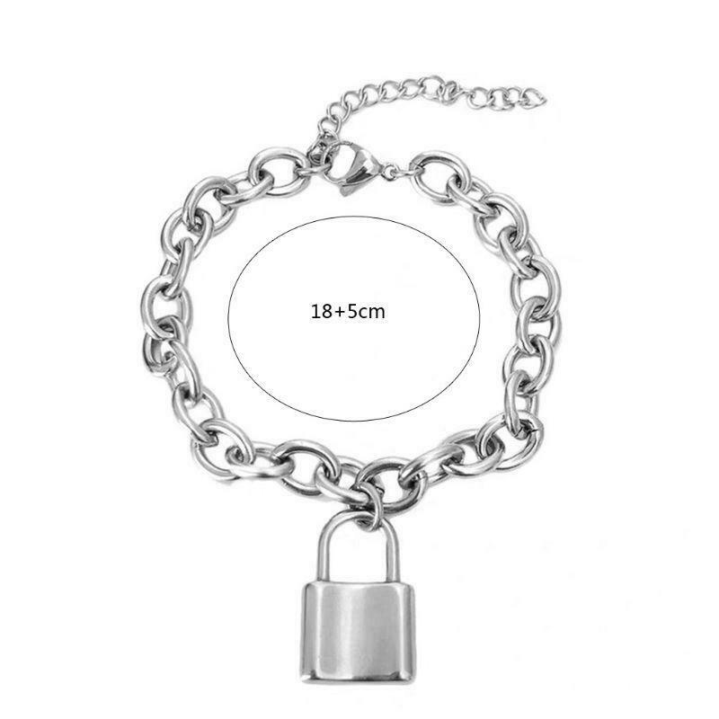 Punk Stainelss Steel Lock Pendant Bracelet Wristband Chunky Link Chain Bangles