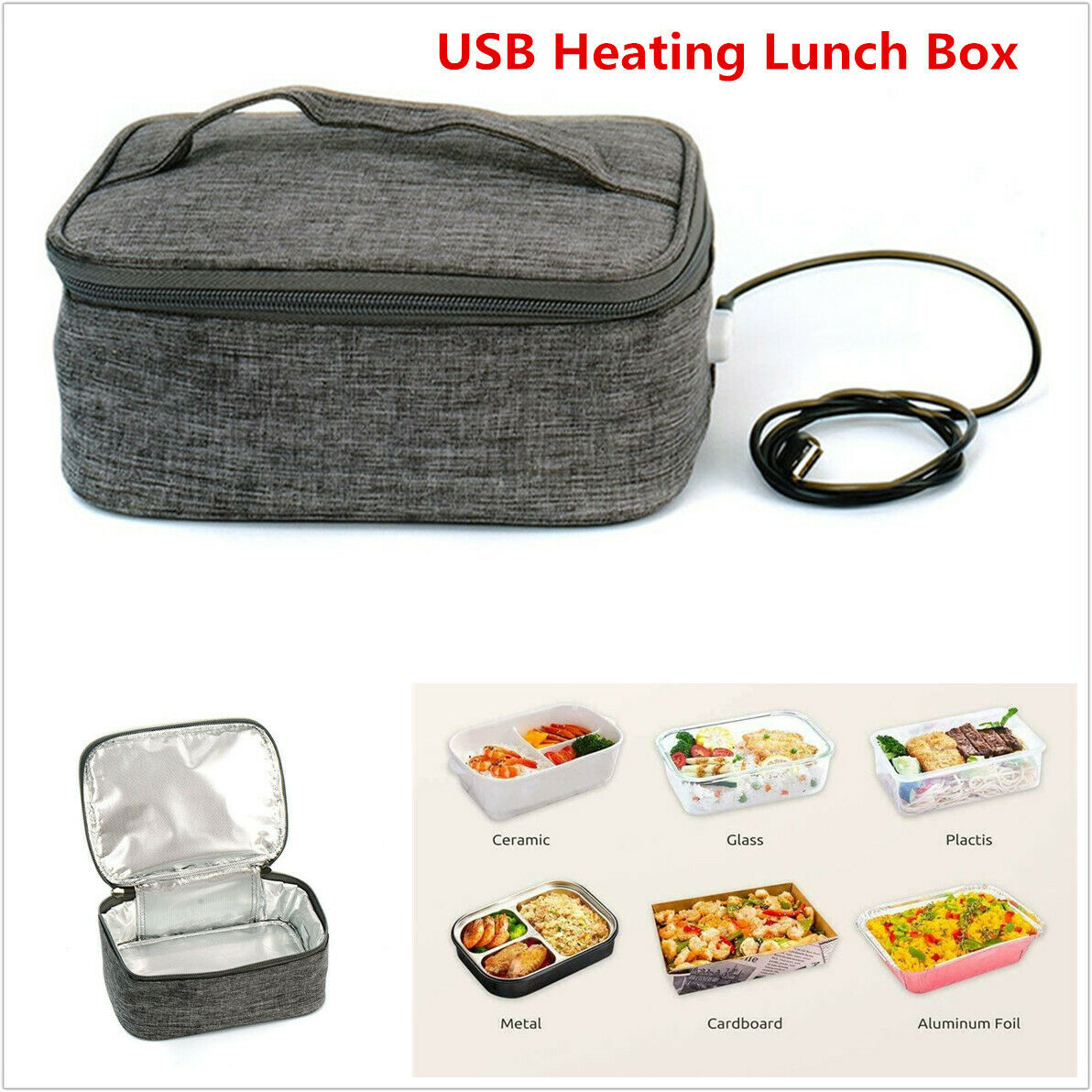 1x USB Heating Lunch Box Portable Outdoor Office Picnic Food Storage Heating Bag