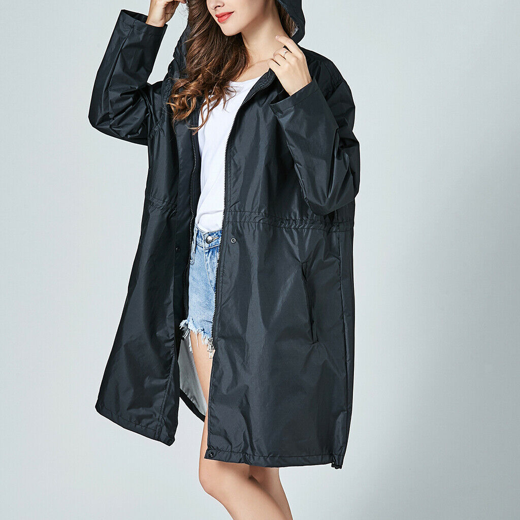 Women's Lightweight Raincoat Hooded Waterproof Outdoor Long Jacket L Black