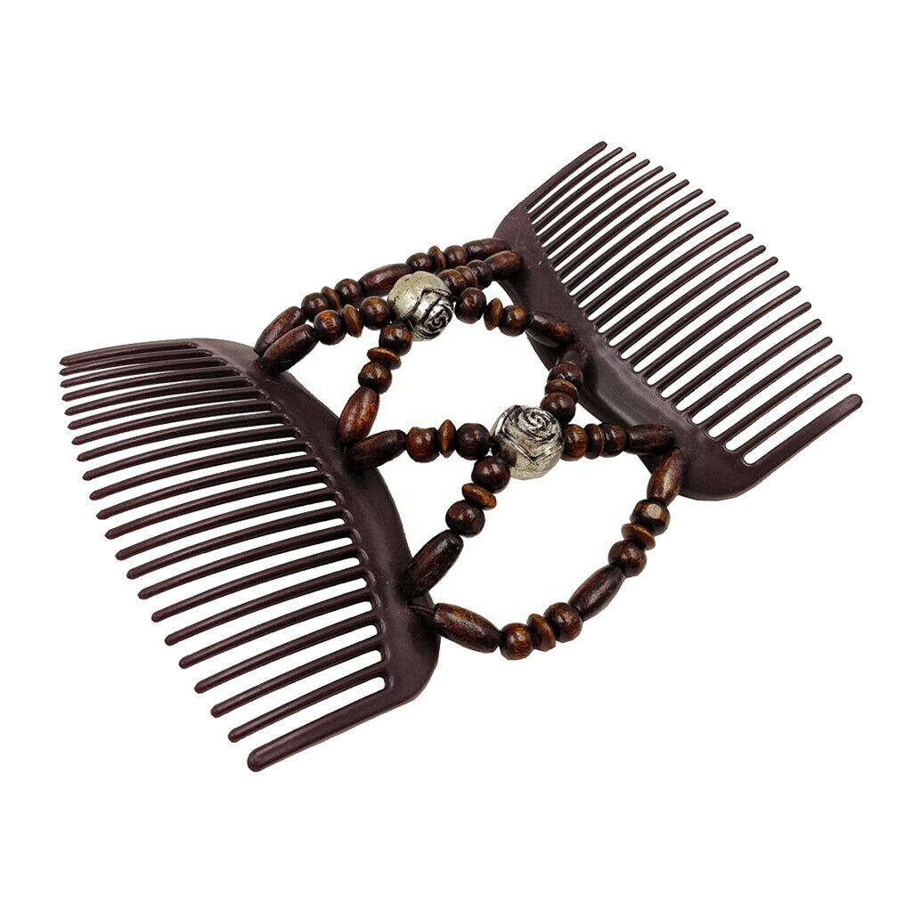 Women's Wooden Stretch Double Hair Comb Beads Clip Hair Accessories Brown