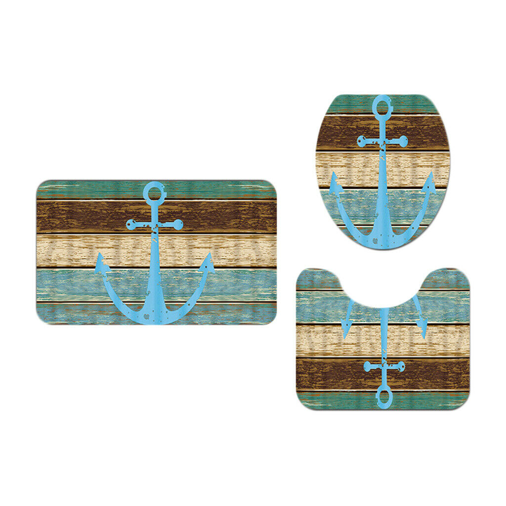 3 Pcs Bathroom Set Non-slip Rug Toilet Cover Pedestal Mat Marine Theme