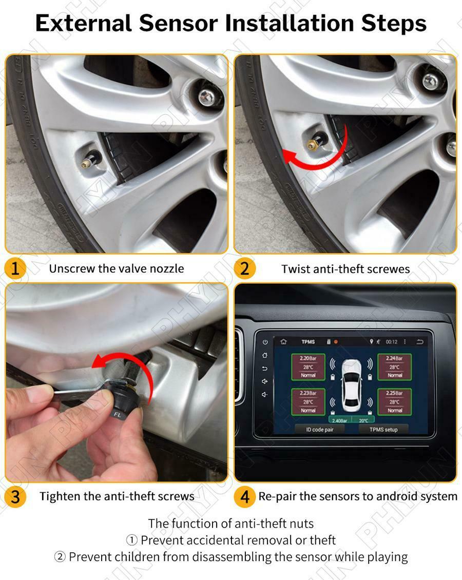 Car Radio TPMS Tire Pressure Monitoring System w/ 5 Sensors Real-time Display