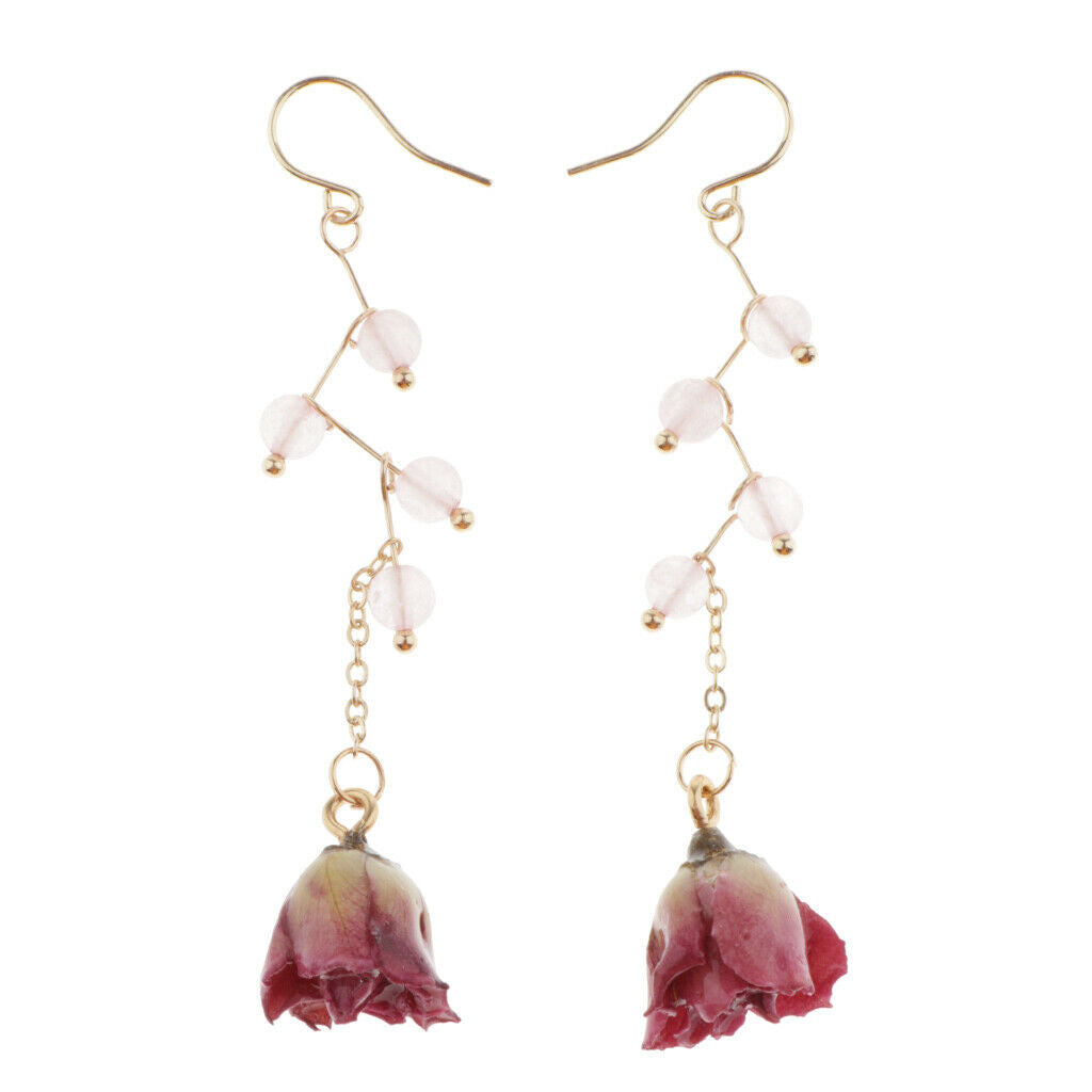 Boho Drop Dangle Dried Rose Flower Earrings Ear Studs Womens Ear Jewelry