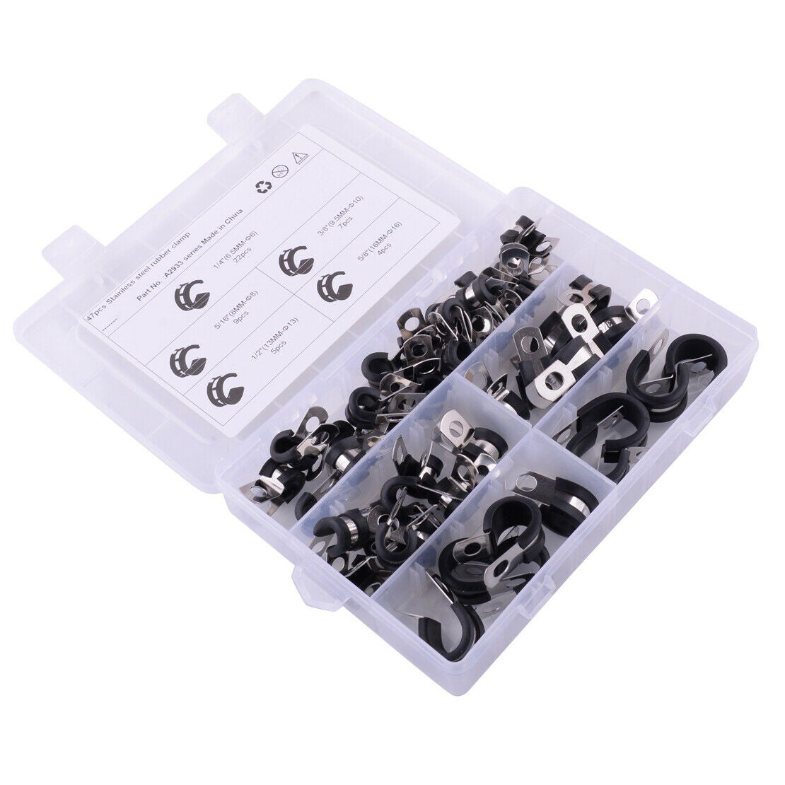 47x Cable Clamps Assortment Kit Stainless Steel Rubber Cushion Pipe Clamps