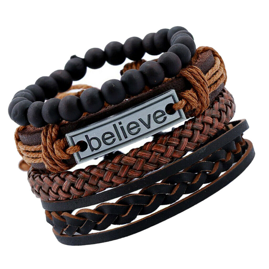 HOT 4Pcs Mens Leather Bracelet BELIEVE Carved Adjustable Multilayer Bangles