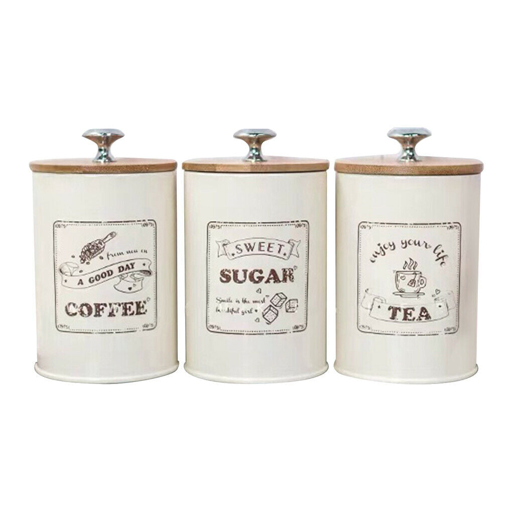 Set of 3 Retro Tea Coffee Sugar Canisters Storage Jar Tins Metal with Lid
