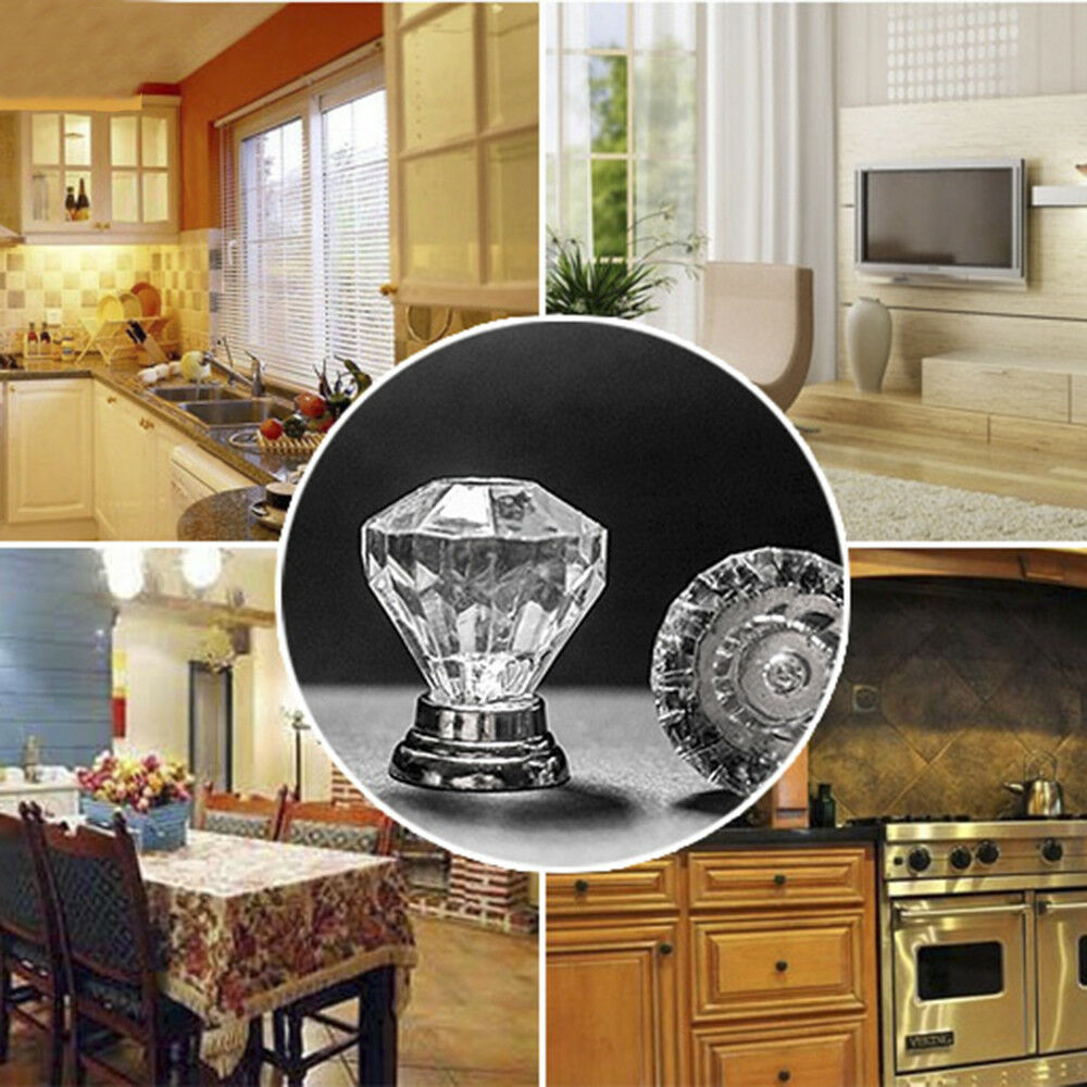 Hot 12Pcs Glass Diamond Crystal Dresser Knobs Drawer Pull Handle Cabinet Door
