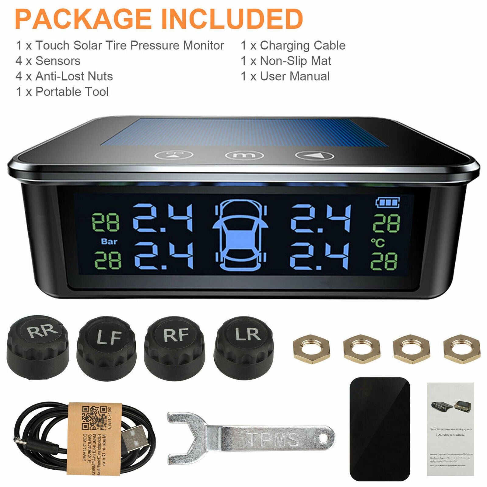 Wireless Touch Solar TPMS LCD Car Tire Pressure Monitoring System 4 Sensor Alarm