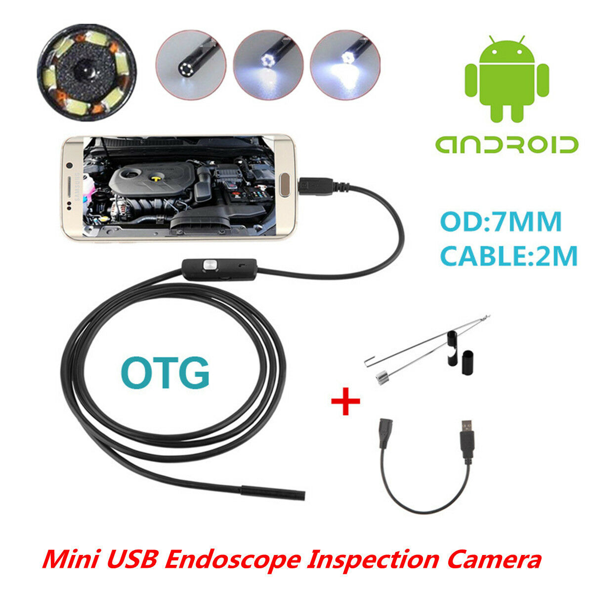 Waterproof OTG 7mm USB Endoscope Inspection Camera Borescope 6LED For Android PC