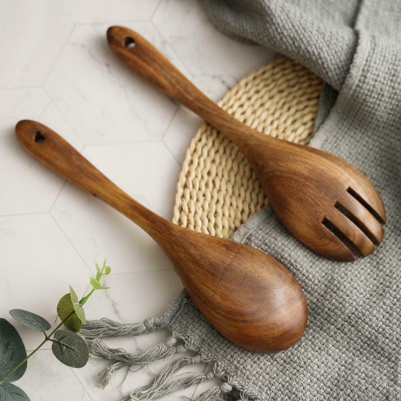 2Pcs Wooden Salad Servers Spoon Fork Set Long Handle Cooking Untensil Cutlery