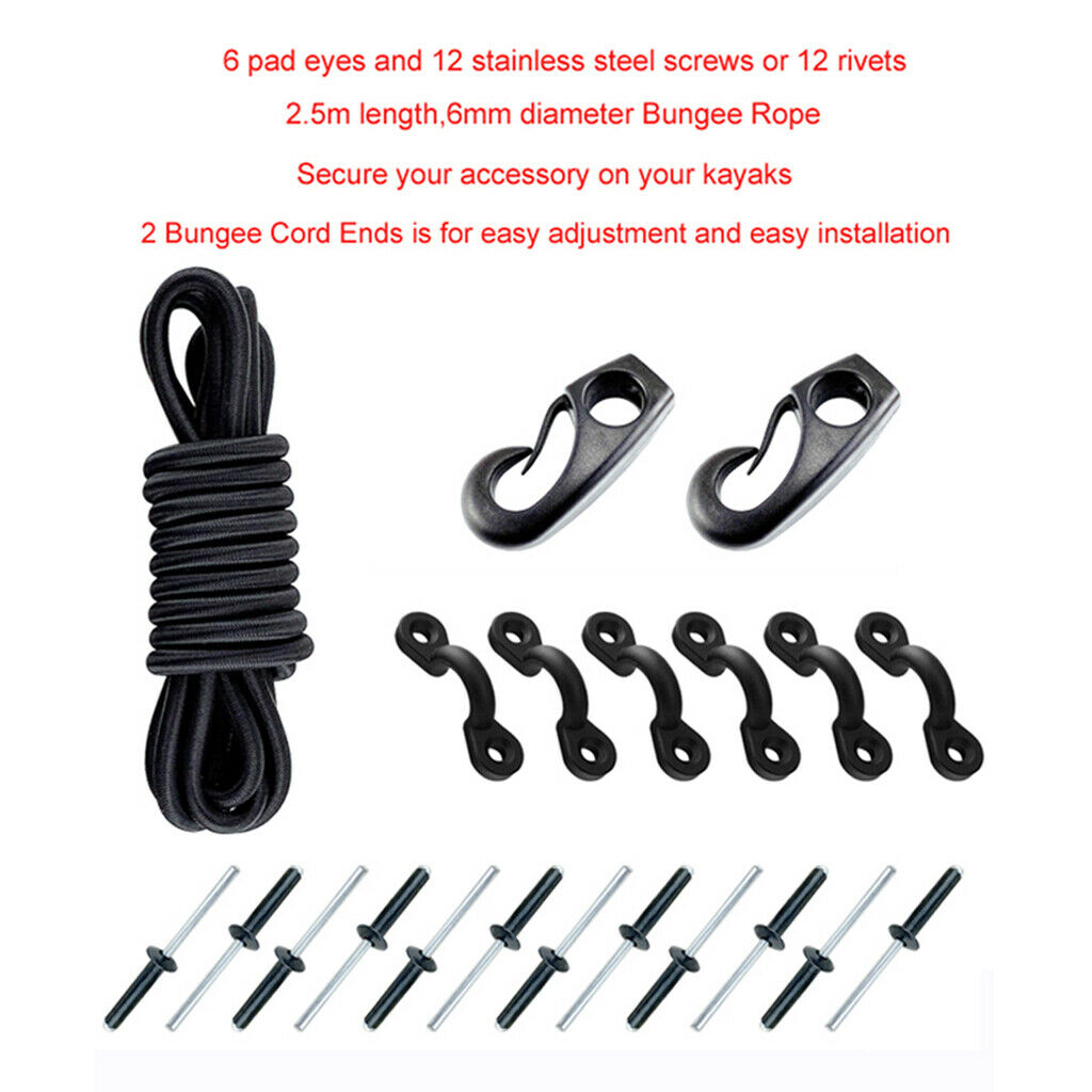 Kayak & Canoe Bungee Kit 2.5m Cord 6 Tie Down Pad Eyes 2 Bungee Cord Ends