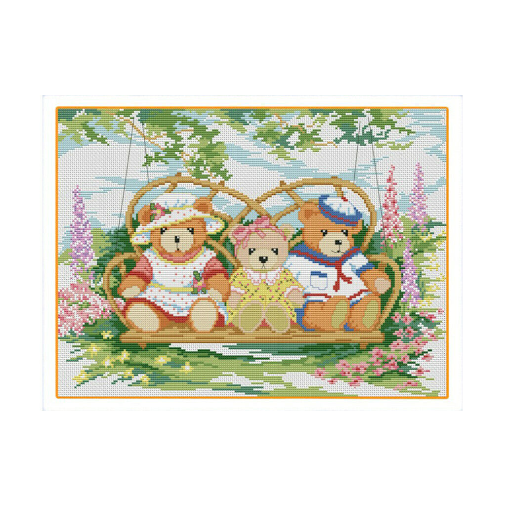 Bears on Swing Cross Stitch Stamped Kit Pre-Printed Pattern, 11CT Aida Fabric