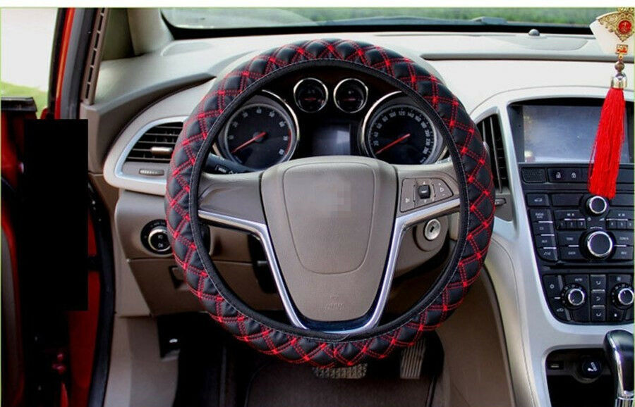 2PCS black & red DIY PU Leather Car Truck Auto Steering Wheel Cover 38cm
