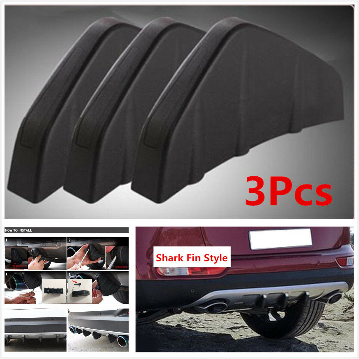 3Pcs Universal Auto Car Rear Bumper Diffuser Molding Shark Fin Spoiler Protector