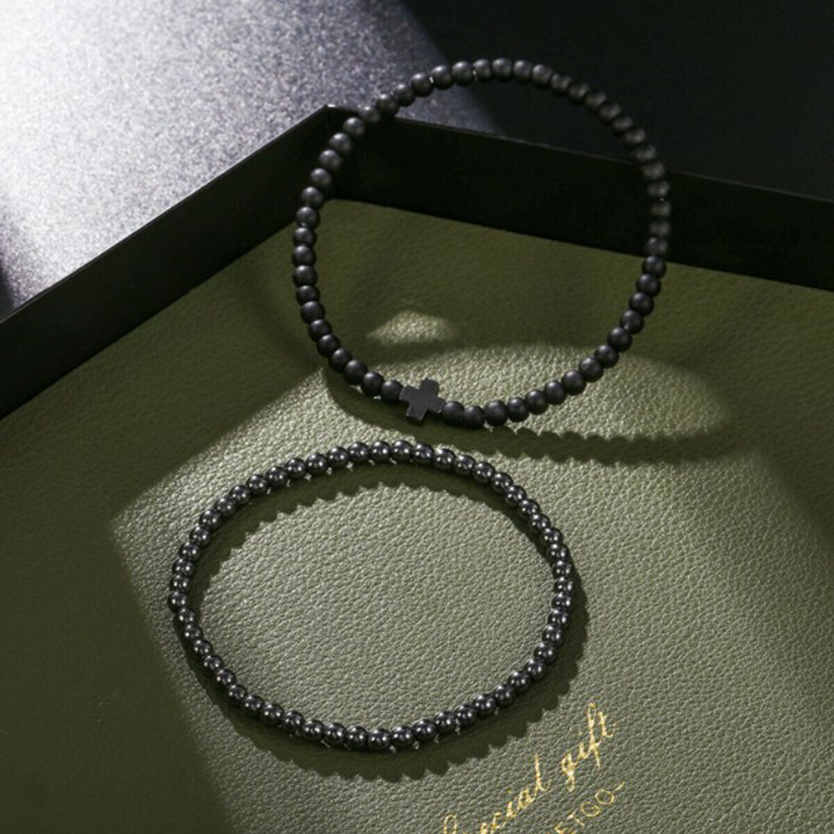 2pcs Cross Cooper Bead Bracelet Men Matte Lava Volcanic Stone Charm Jewelry